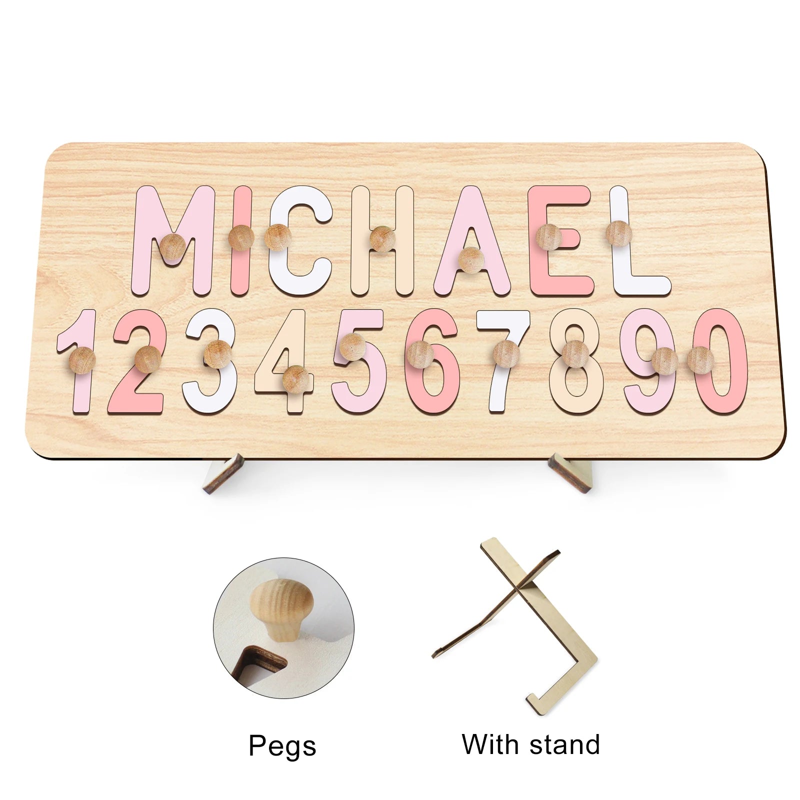 Blush Dreams With Pegs &amp; Stand - Custom Wooden Name &amp; Number Puzzle – Personalised Educational Toy Baby Stork