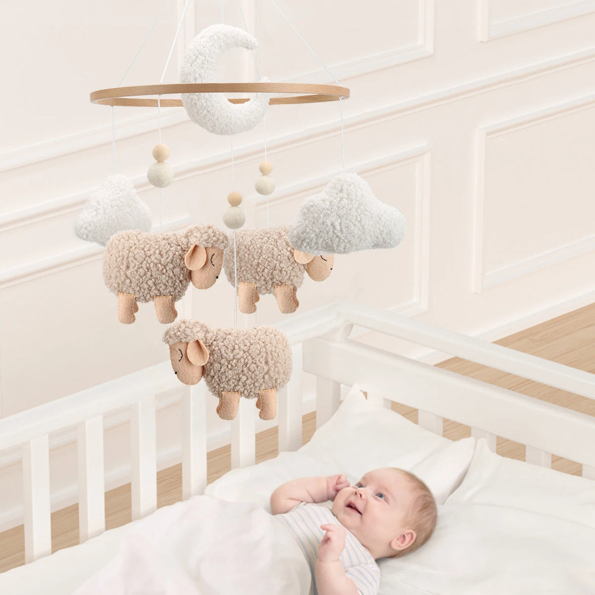 - Sheep &amp; Bouclé Clouds Cot Mobile - Cream &amp; Beige AE