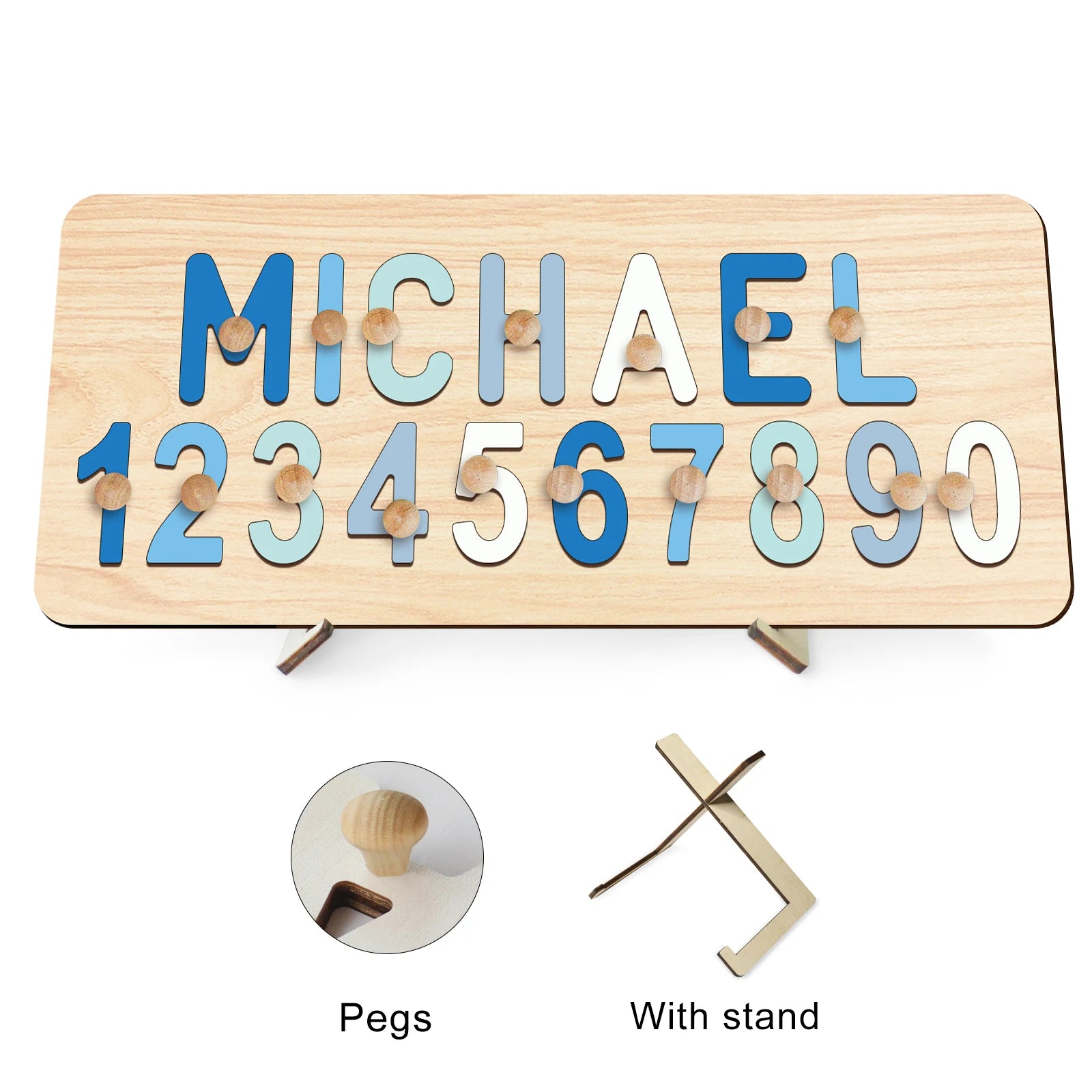 Ocean Blue With Pegs &amp; Stand - Custom Wooden Name &amp; Number Puzzle – Personalised Educational Toy Baby Stork