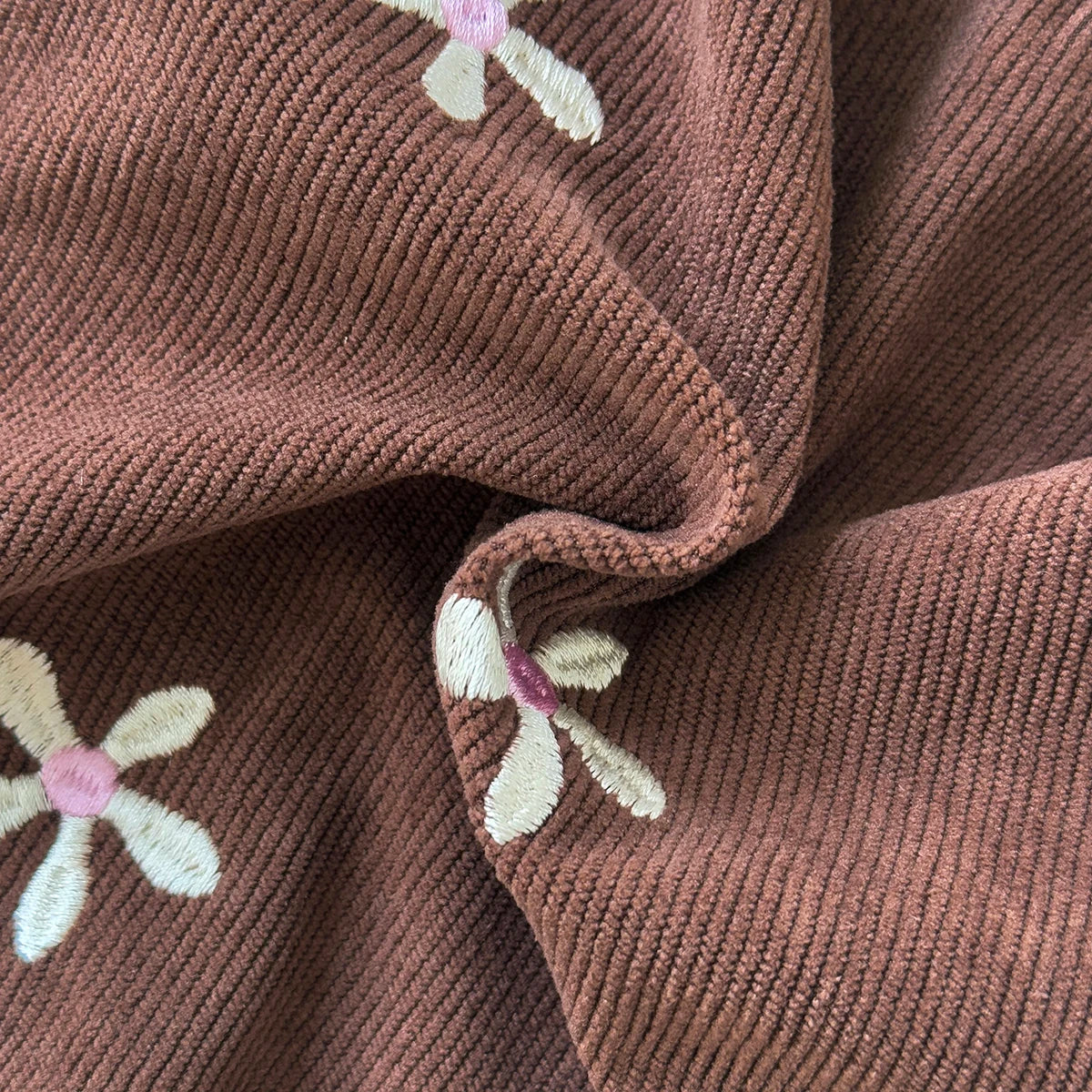 - Chocolate Corduroy Overall Dress – Embroidered Daisy Pinafore Baby Stork