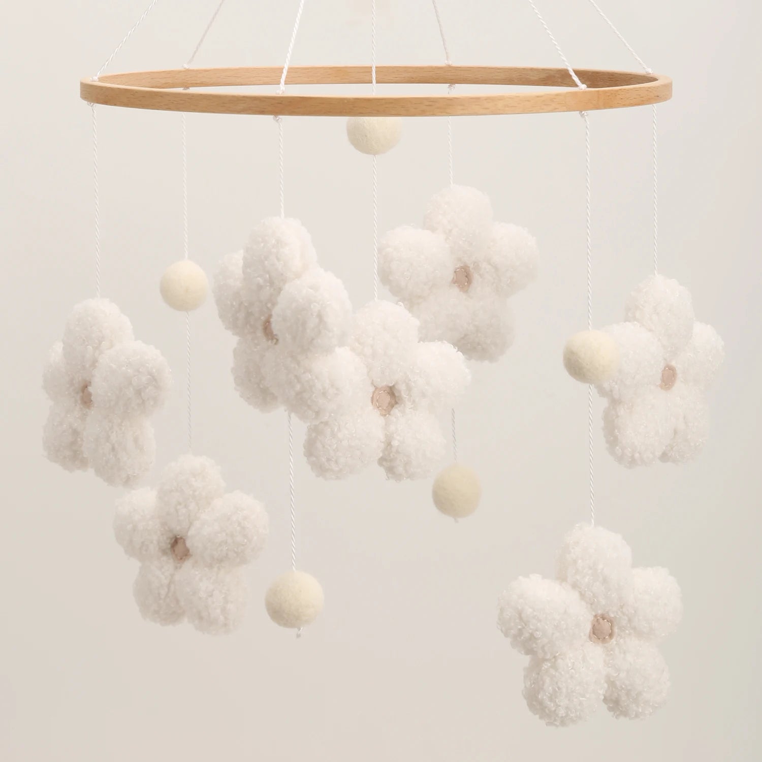 - Bouclé Flower Mobile – Soft Neutral Nursery Décor Baby Stork
