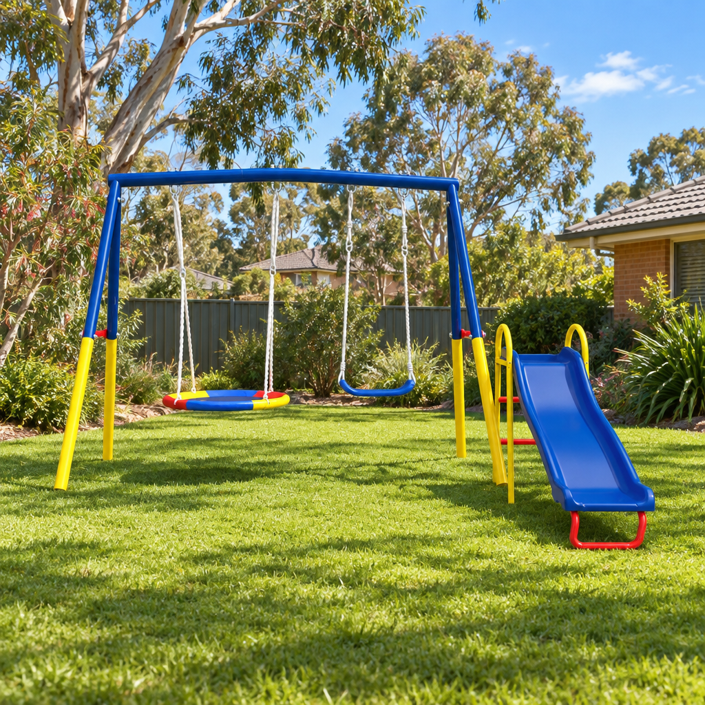 3-in-1 Kids Outdoor Swing Set with Slide &amp; Saucer Swing