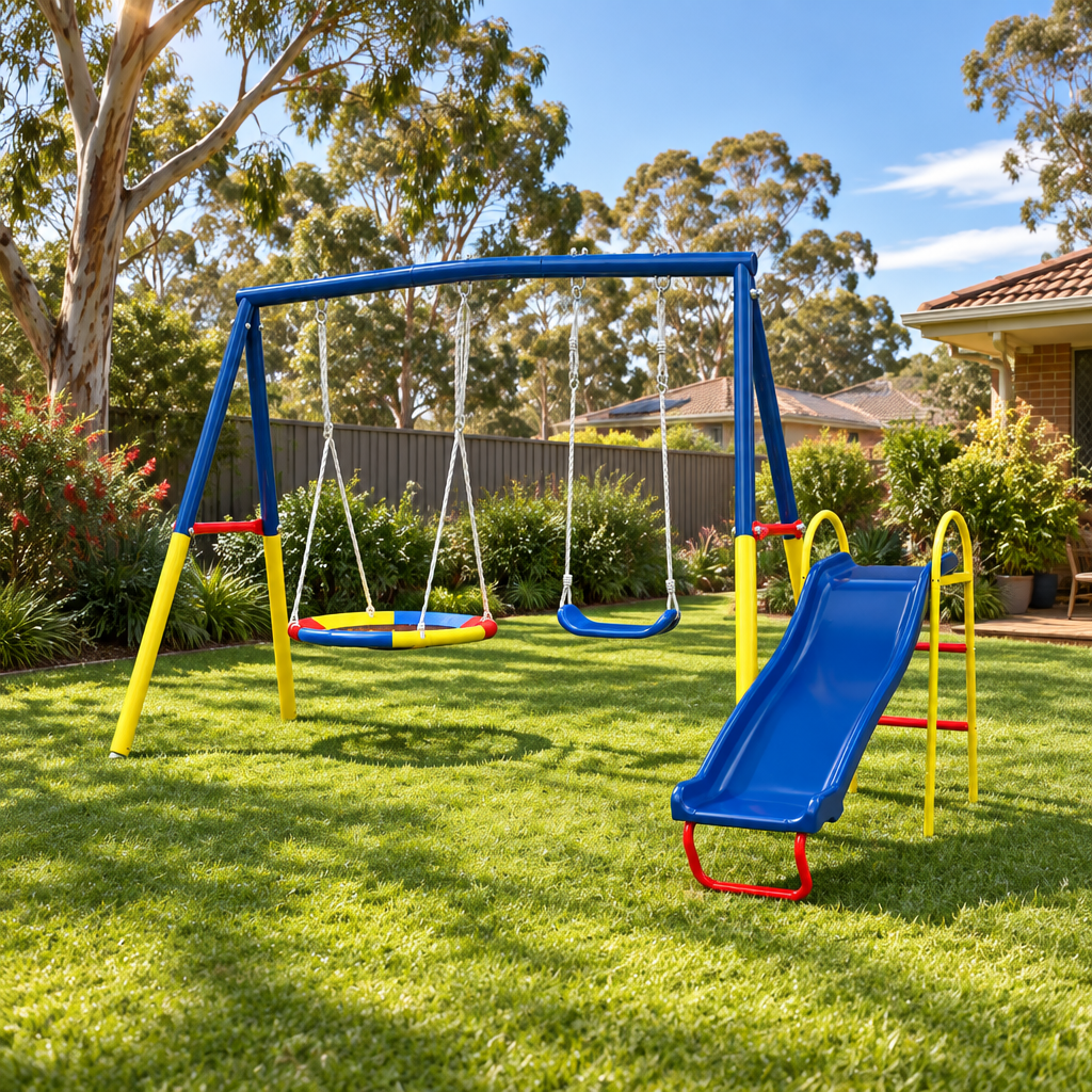 3-in-1 Kids Outdoor Swing Set with Slide &amp; Saucer Swing
