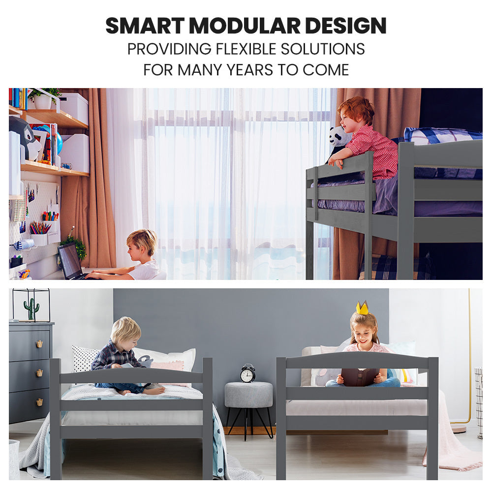 - 2-in-1 Single Bunk Bed Frame - Grey KINGSTON Furniture > Bedroom > Beds &amp; Bed Frames