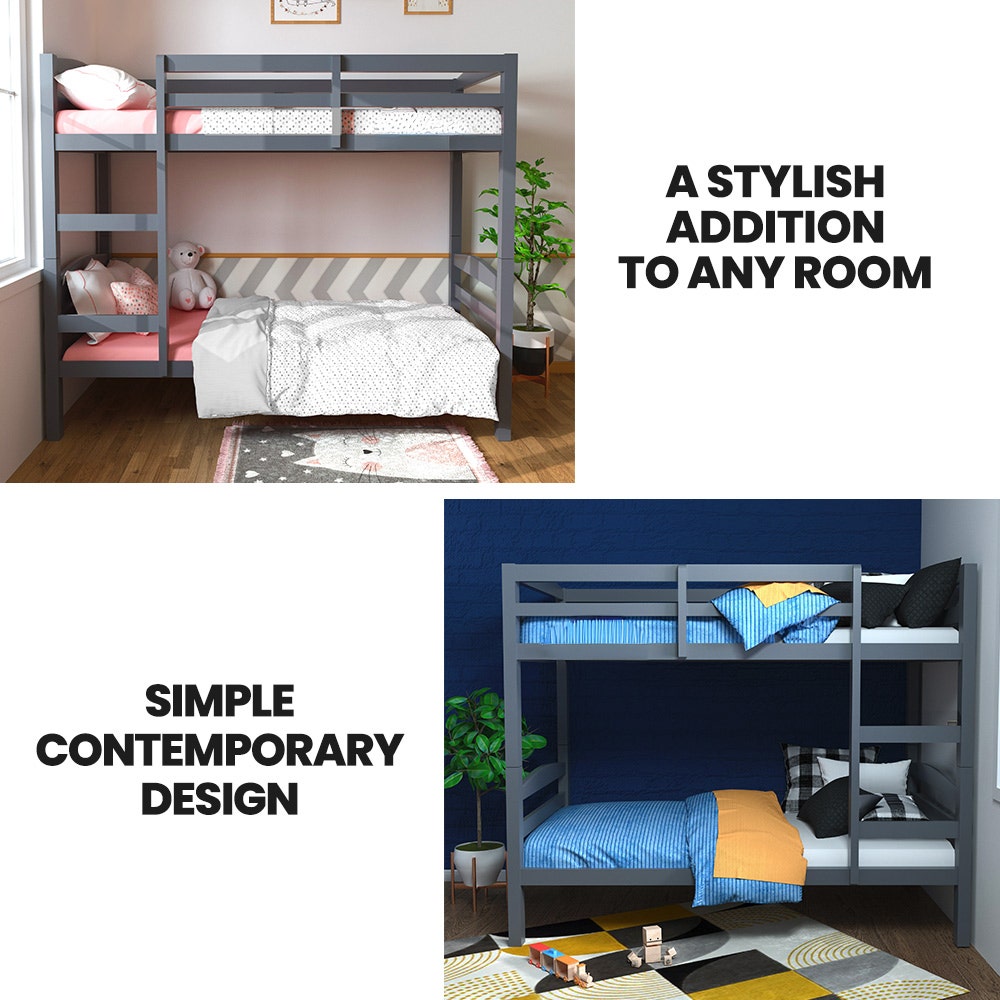 - 2-in-1 Single Bunk Bed Frame - Grey KINGSTON Furniture > Bedroom > Beds &amp; Bed Frames