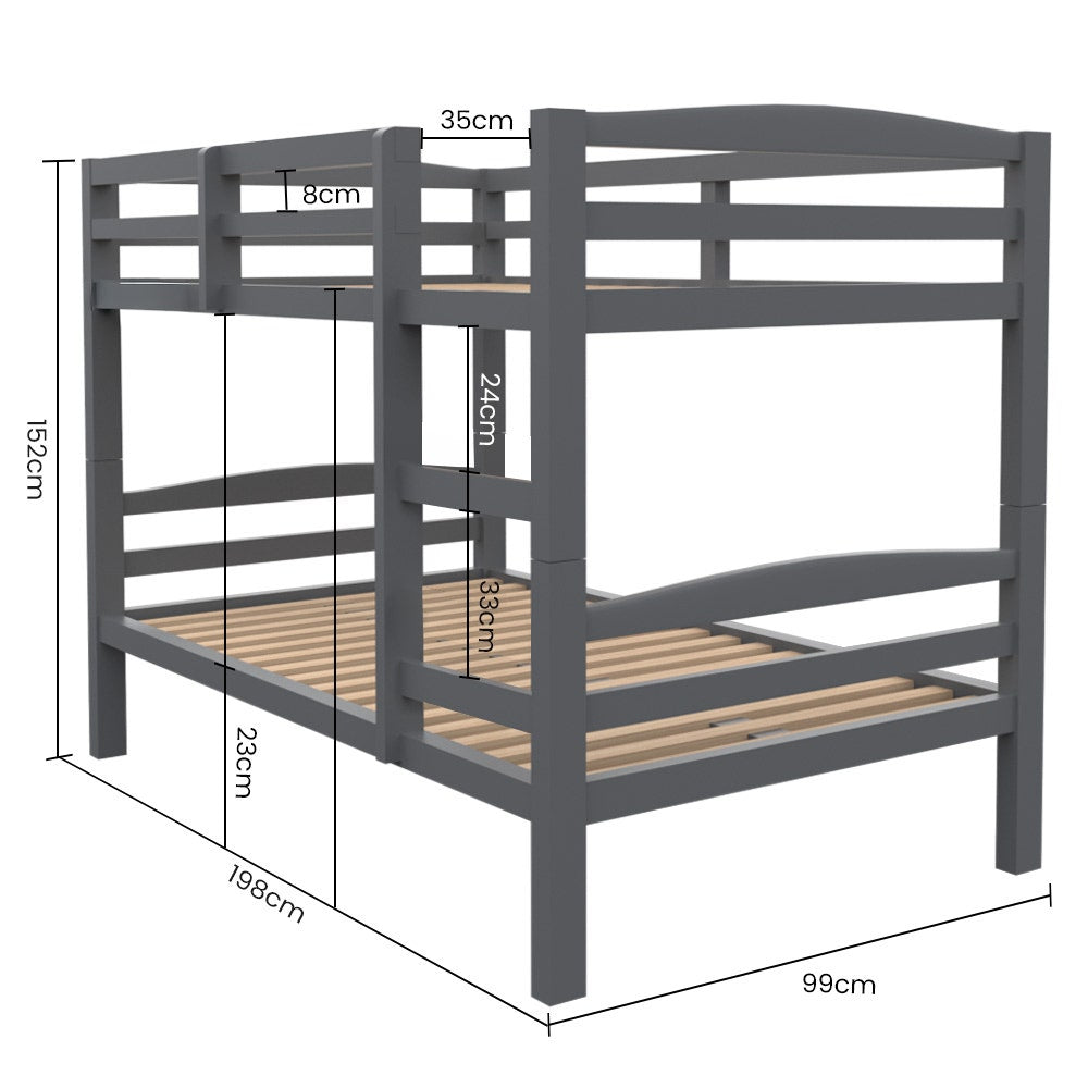 - 2-in-1 Single Bunk Bed Frame - Grey KINGSTON Furniture > Bedroom > Beds &amp; Bed Frames