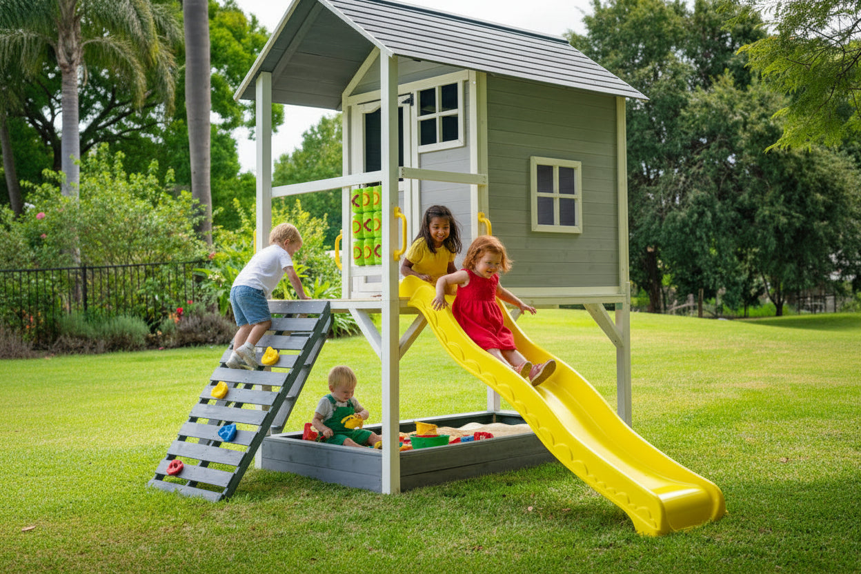 - Ultimate Wooden Tower Cubby House with Slide & Sandpit – Grey Rovo Baby & Kids > Baby & Kid's Toys > Outdoor Play Equipment