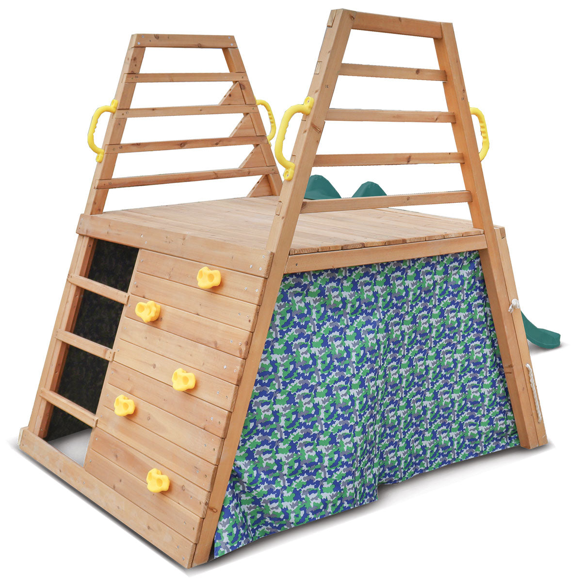 Wooden Climbing Frame with 1.8m Green Wavy Slide | Outdoor Adventure Playset
