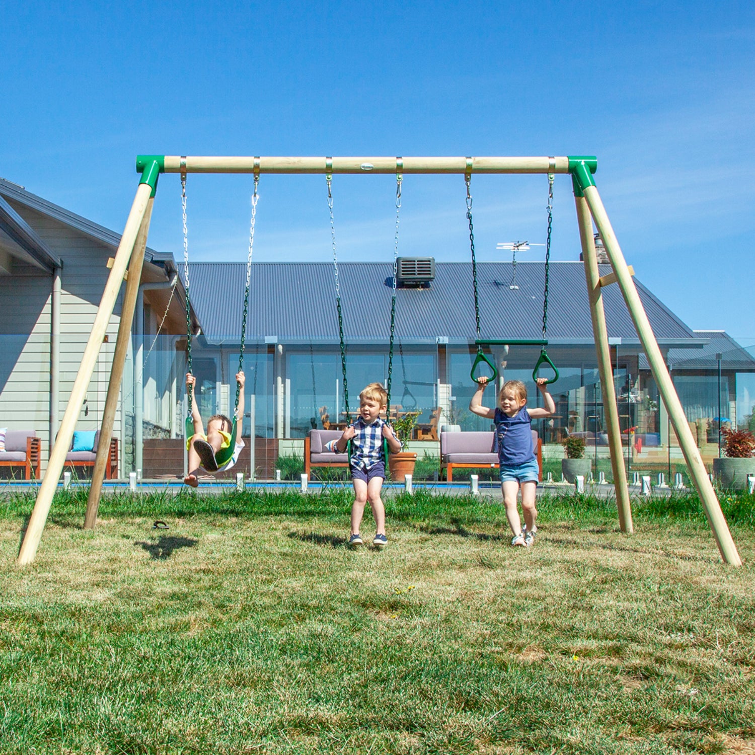 - Wesley Wooden Swing Set with Trapeze – 3 Seat Outdoor Play Lifespan Kids Baby & Kids > Baby & Kid's Toys > Outdoor Play Equipment