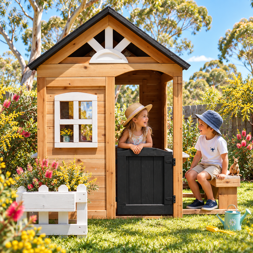 Bilby Wooden Kids Cubby House with Snack Bench
