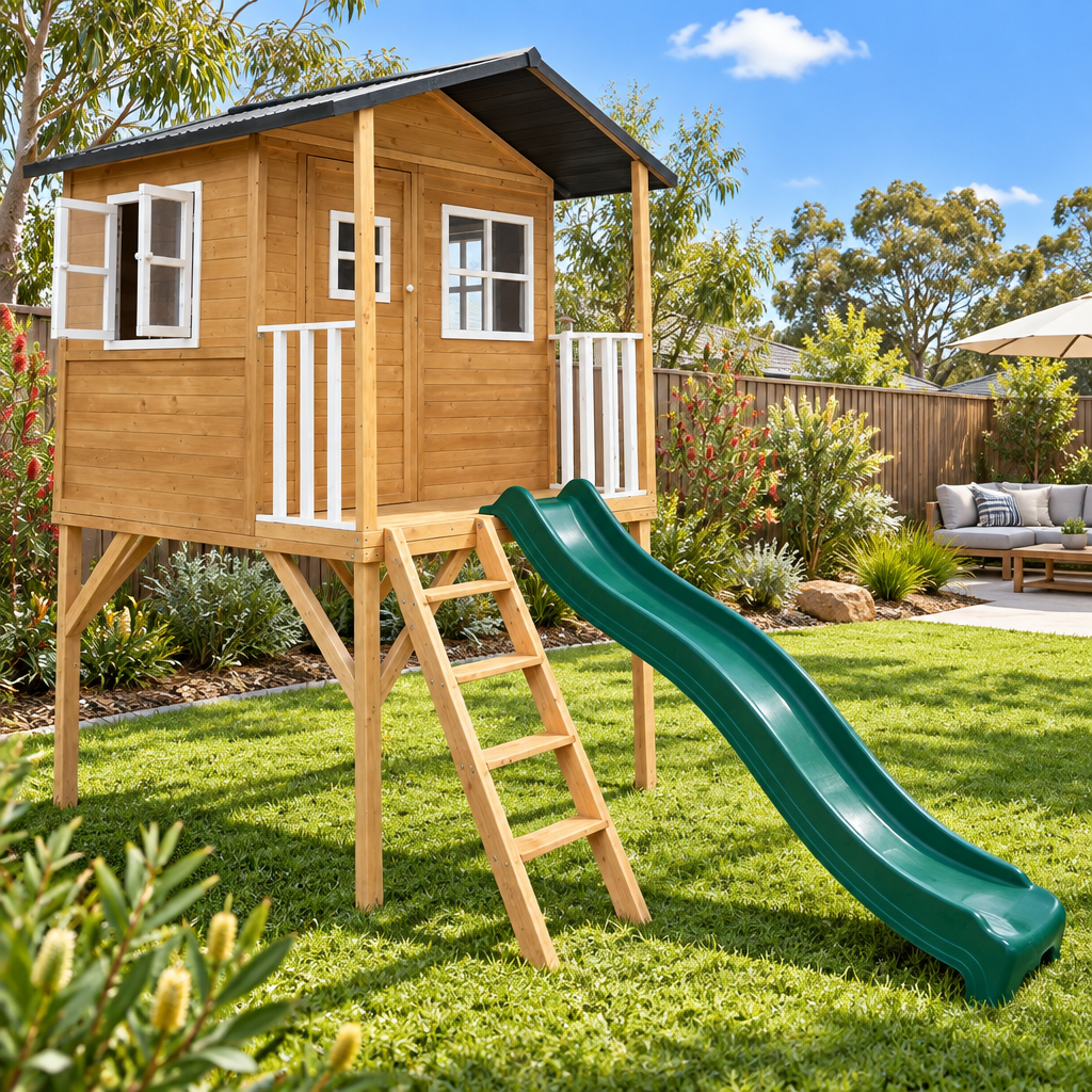 - Lifespan Kids Burleigh Wooden Cubby House with 2.2m Green Slide Lifespan Kids Baby &amp; Kids > Baby &amp; Kid's Toys > Outdoor Play Equipment