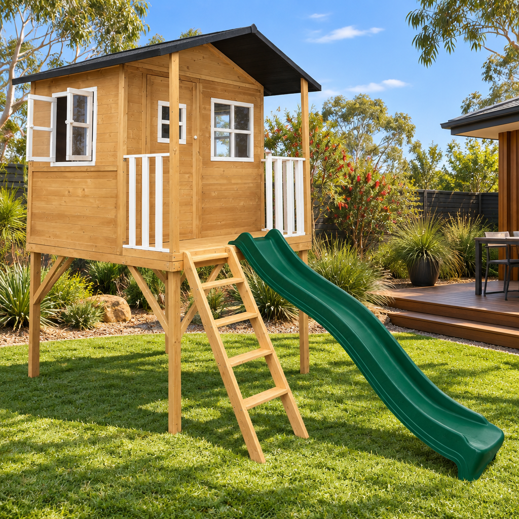 - Lifespan Kids Burleigh Wooden Cubby House with 2.2m Green Slide Lifespan Kids Baby & Kids > Baby & Kid's Toys > Outdoor Play Equipment