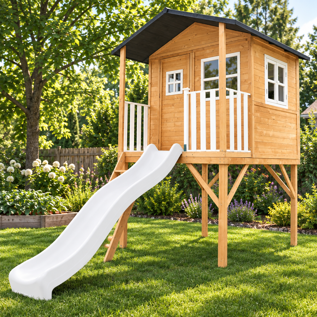 Lifespan Kids Burleigh Wooden Cubby House with 2.2m White Slide