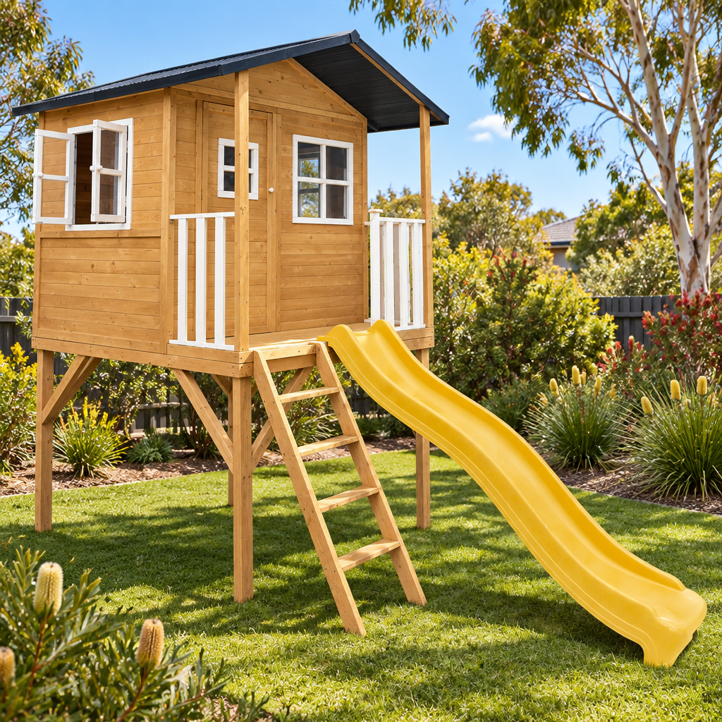 Lifespan Kids Burleigh Wooden Cubby House with 2.2m Yellow Slide