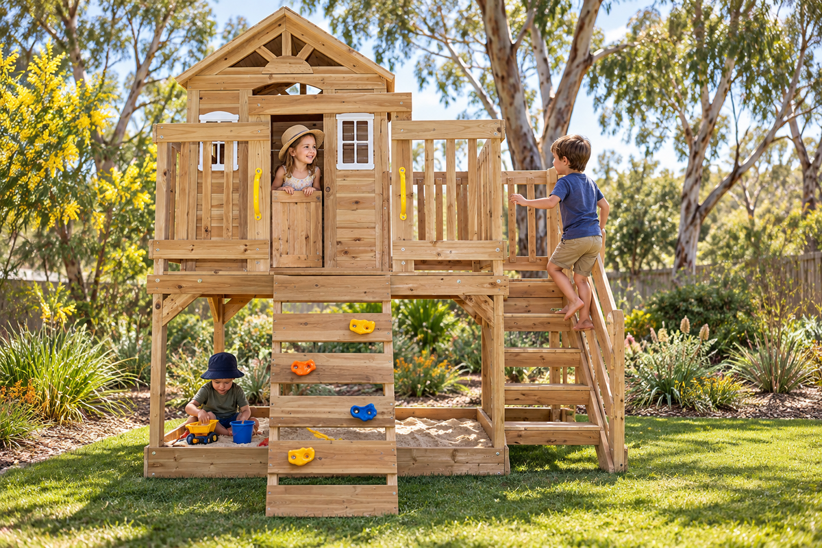 Lifespan Kids Silverton Wooden Play Centre with Rock Climbing Wall, Cubby &amp; Sandpit