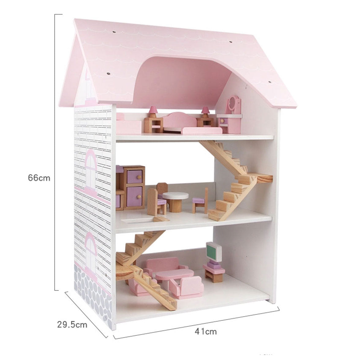 Dolls Doll House | 3-Level Wooden Dollhouse with Full Furniture Set – Pink