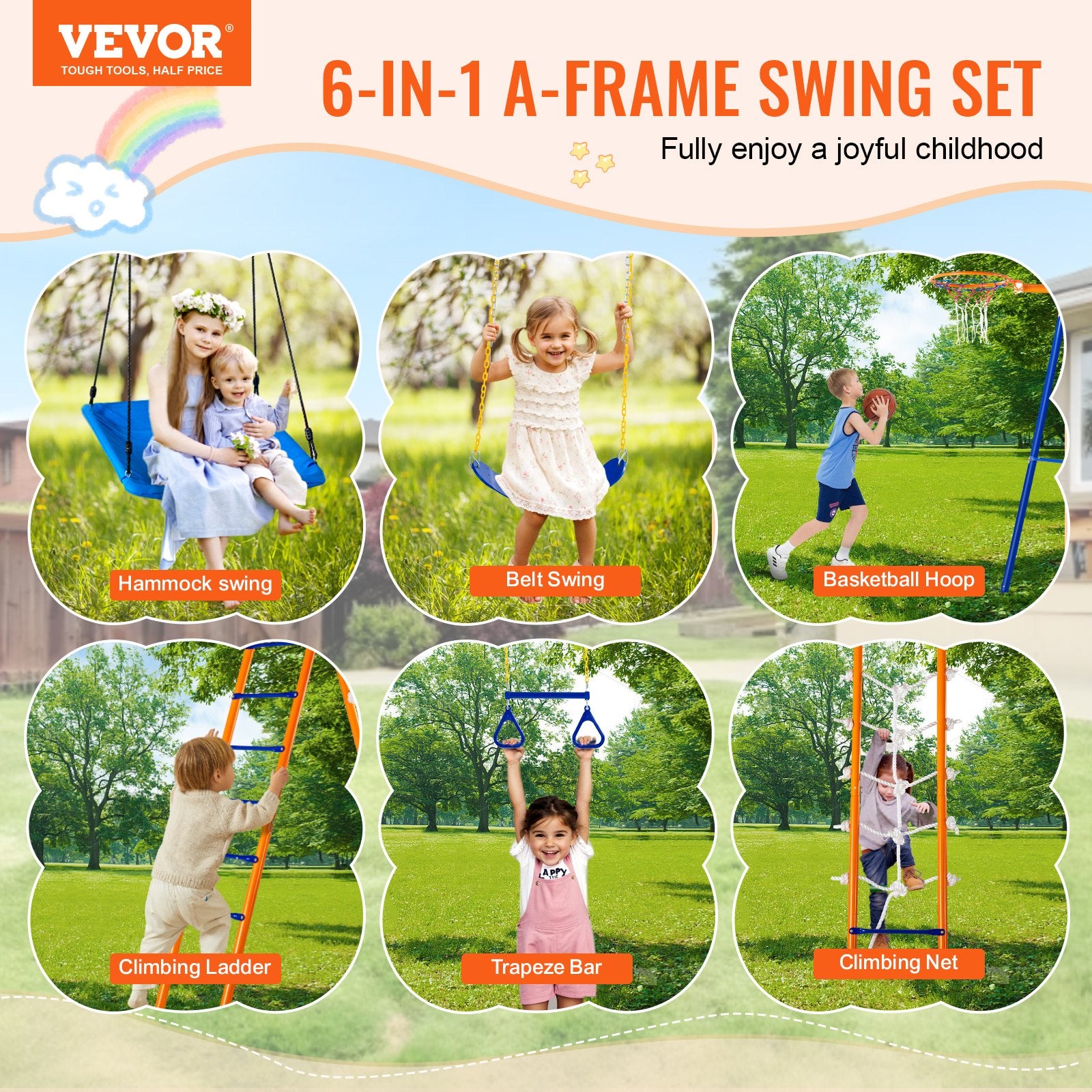 - 6-in-1 Backyard Metal Swing Set with Basketball Hoop – Heavy Duty Capacity Vevor Baby & Kids > Baby & Kid's Toys > Outdoor Play Equipment