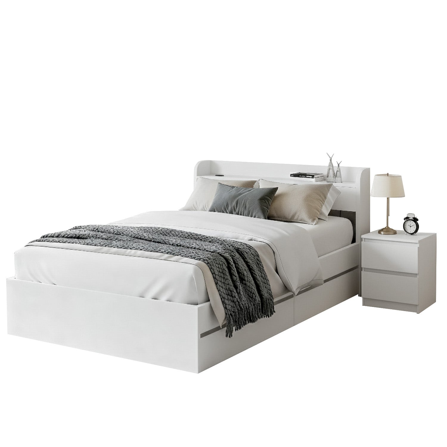 - Single Bed Frame with Storage Drawers, USB Charging Ports &amp; Bedside Table | White Baby Stork Furniture > Bedroom > Beds &amp; Bed Frames