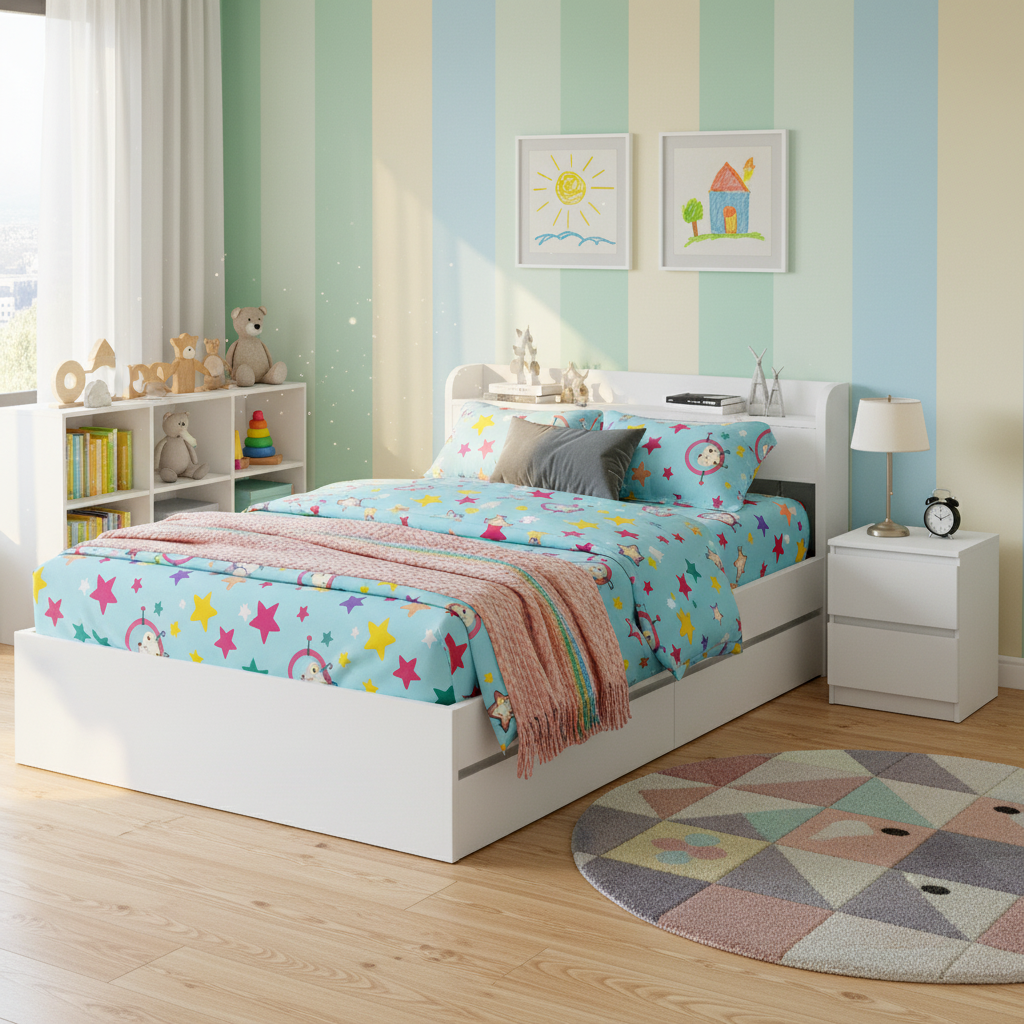 - Single Bed Frame with Storage Drawers, USB Charging Ports &amp; Bedside Table | White Baby Stork Furniture > Bedroom > Beds &amp; Bed Frames