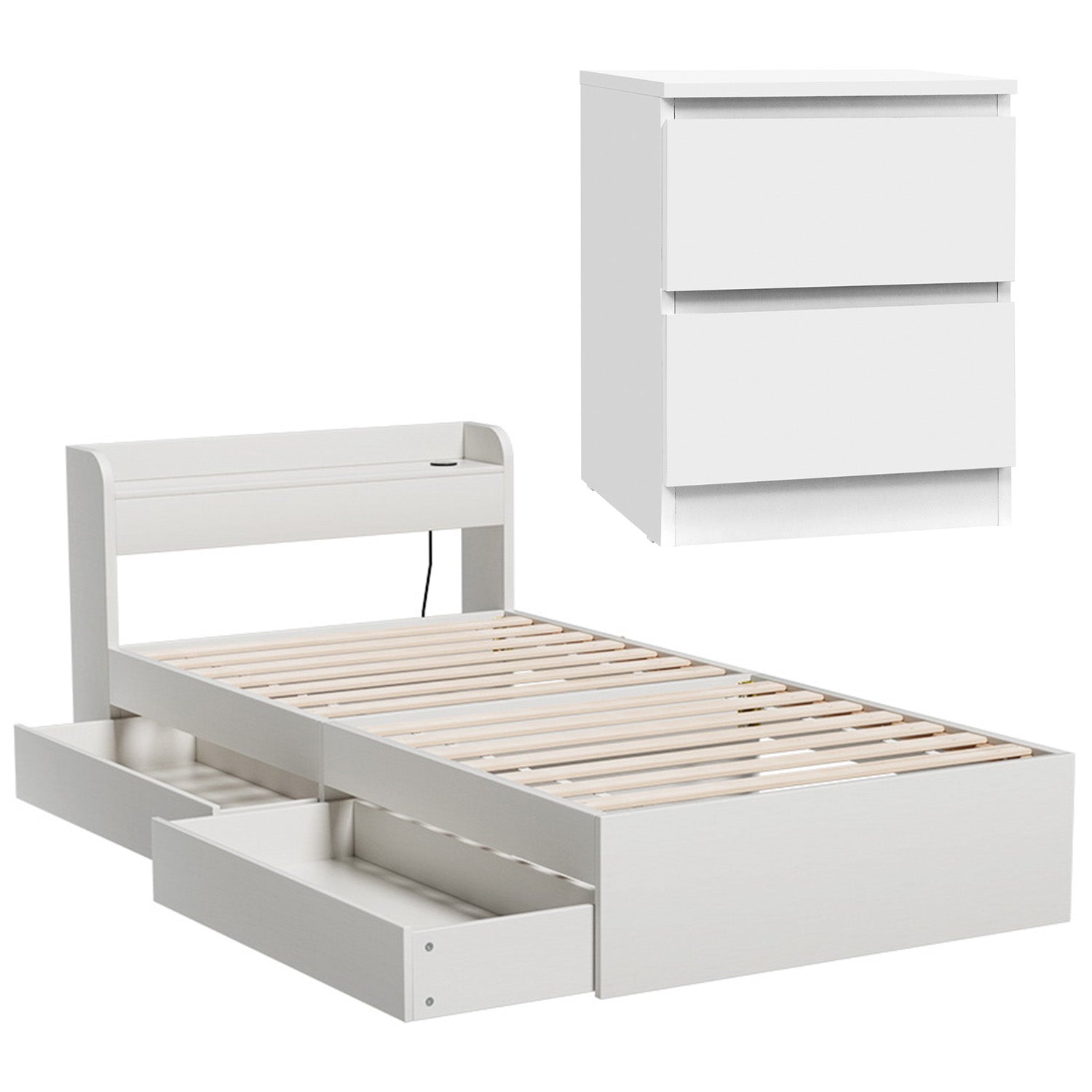 - Single Bed Frame with Storage Drawers, USB Charging Ports &amp; Bedside Table | White Baby Stork Furniture > Bedroom > Beds &amp; Bed Frames