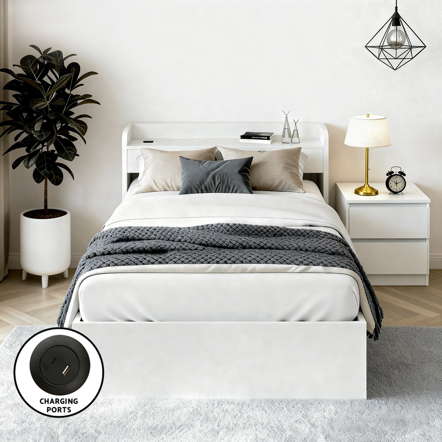 - Single Bed Frame with Storage Drawers, USB Charging Ports &amp; Bedside Table | White Baby Stork Furniture > Bedroom > Beds &amp; Bed Frames
