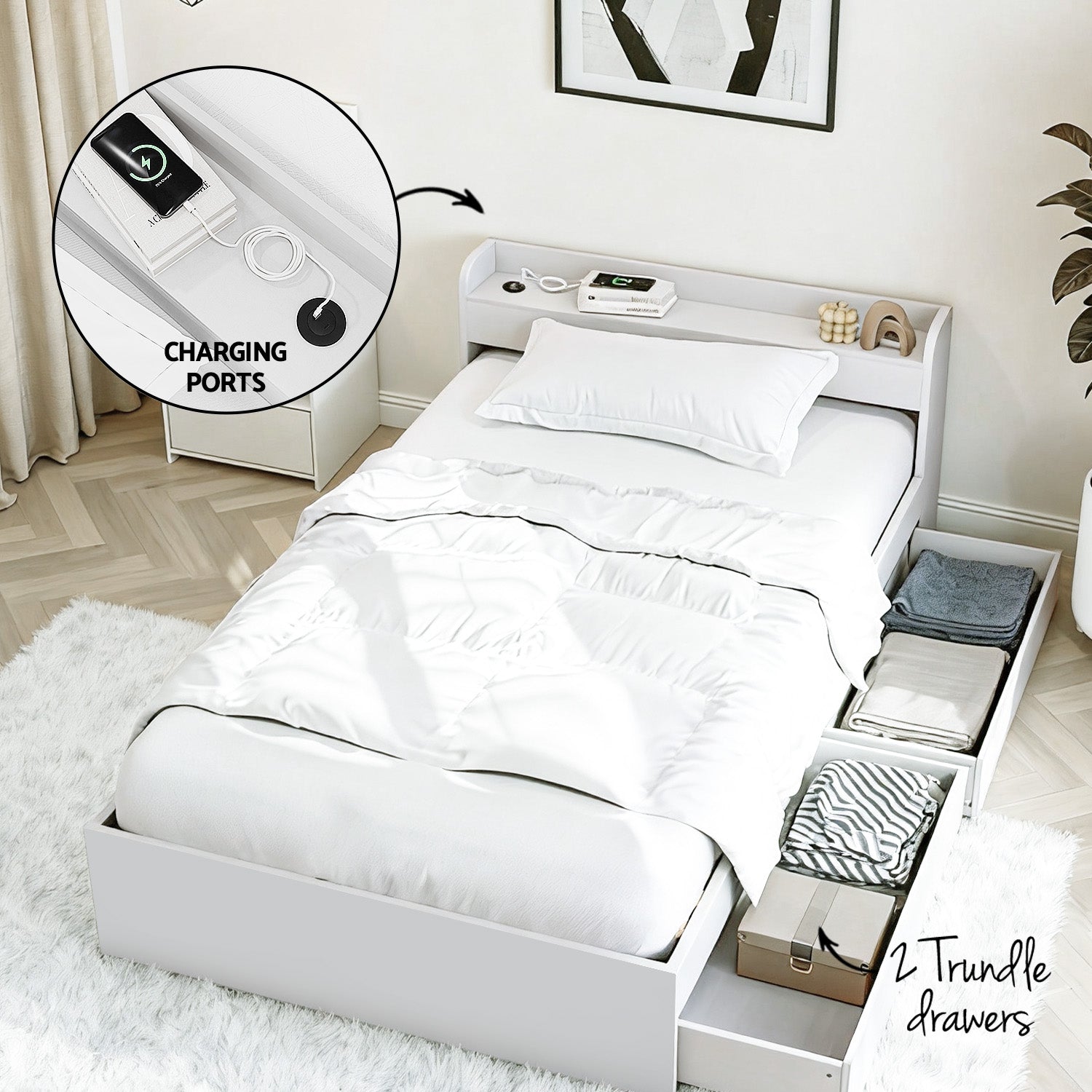 - Single Bed Frame with Storage Drawers, USB Charging Ports &amp; Bedside Table | White Baby Stork Furniture > Bedroom > Beds &amp; Bed Frames