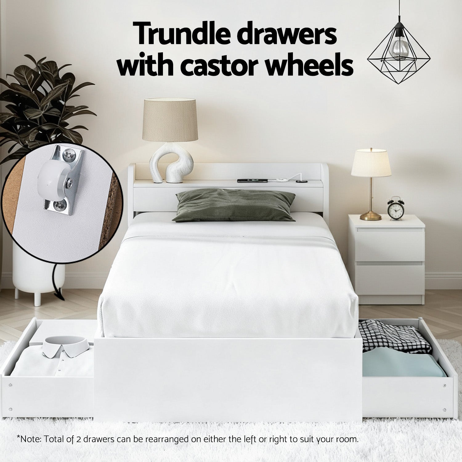 - Single Bed Frame with Storage Drawers, USB Charging Ports &amp; Bedside Table | White Baby Stork Furniture > Bedroom > Beds &amp; Bed Frames