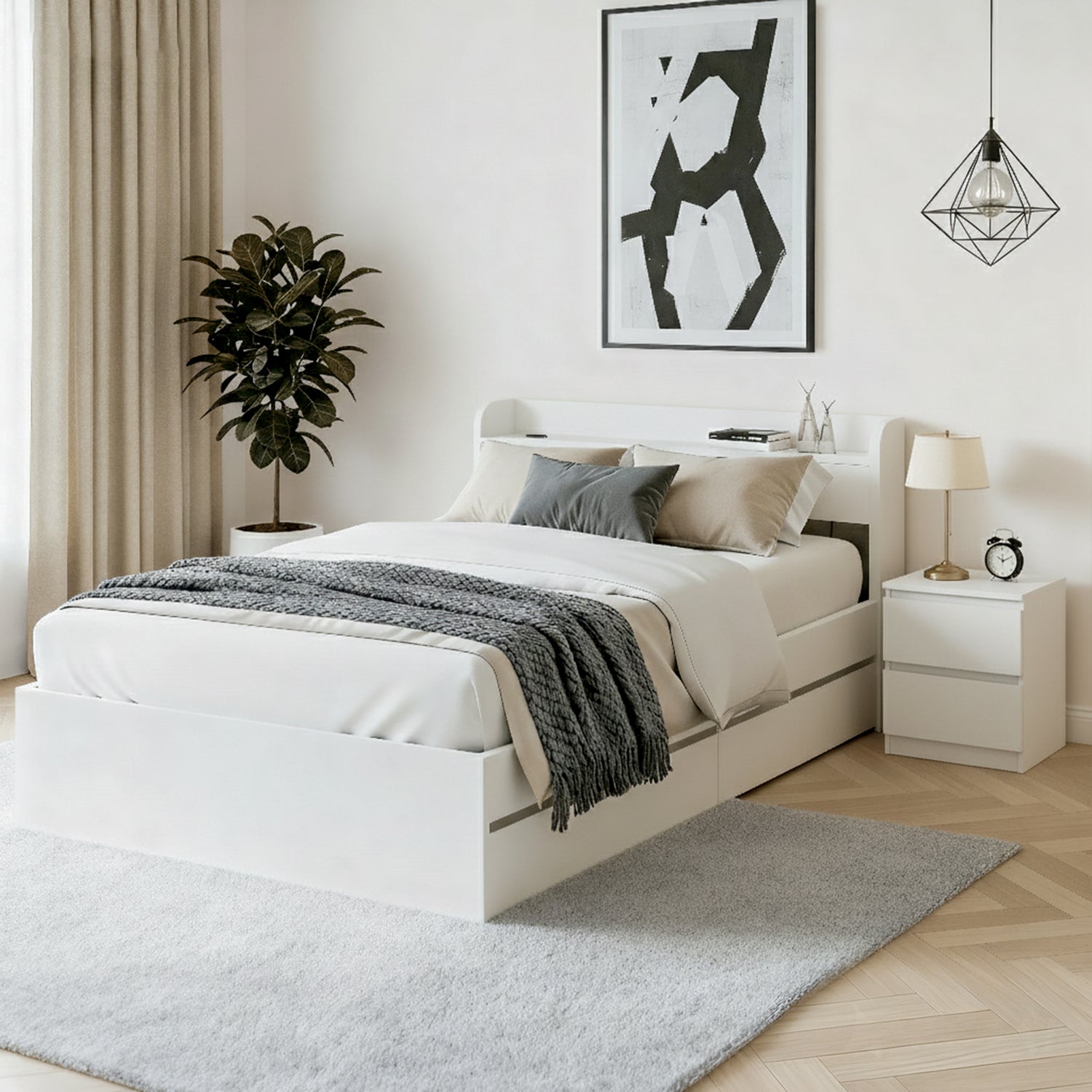- Single Bed Frame with Storage Drawers, USB Charging Ports &amp; Bedside Table | White Baby Stork Furniture > Bedroom > Beds &amp; Bed Frames