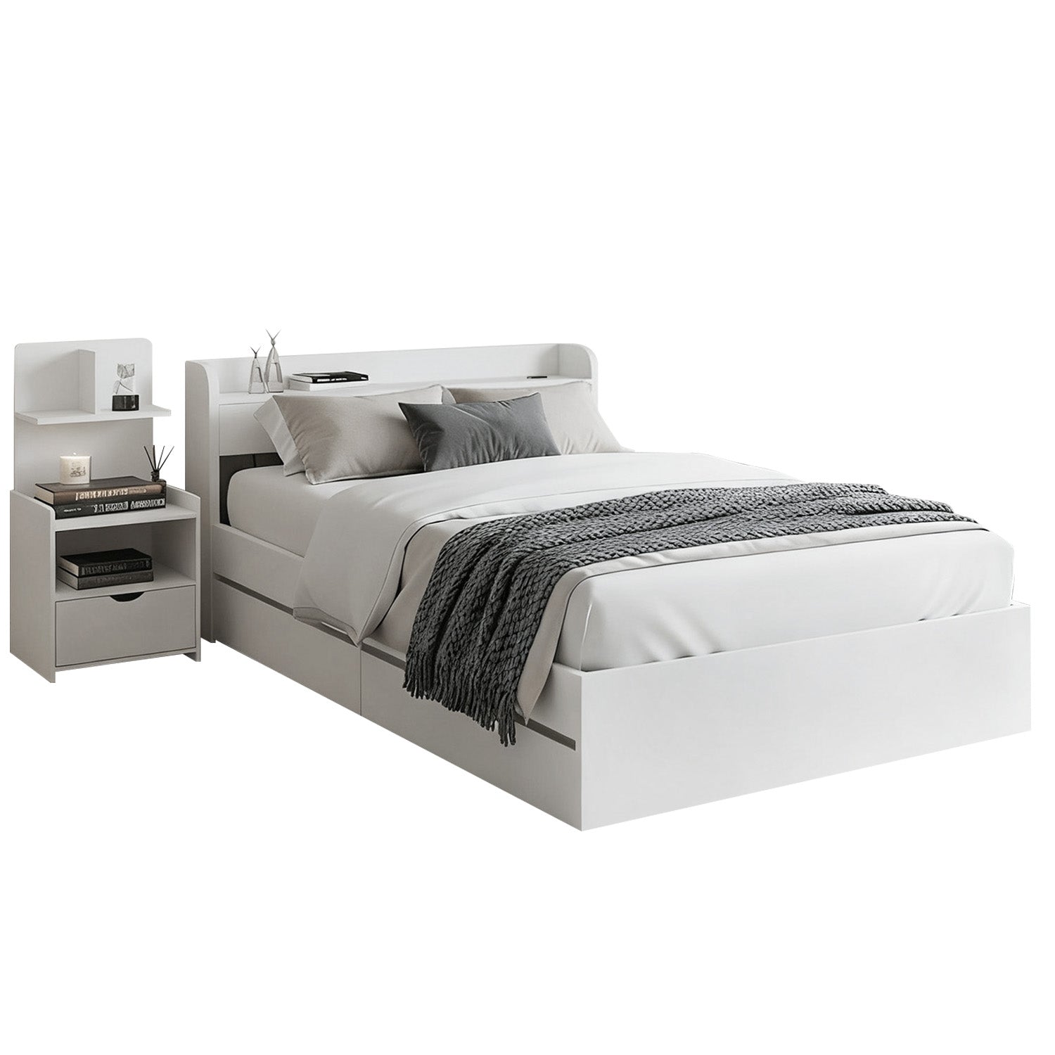 - Single Bed Frame with Storage Drawers, USB Charging Ports &amp; Tall Bedside Shelf Unit | White Baby Stork Furniture > Bedroom > Beds &amp; Bed Frames