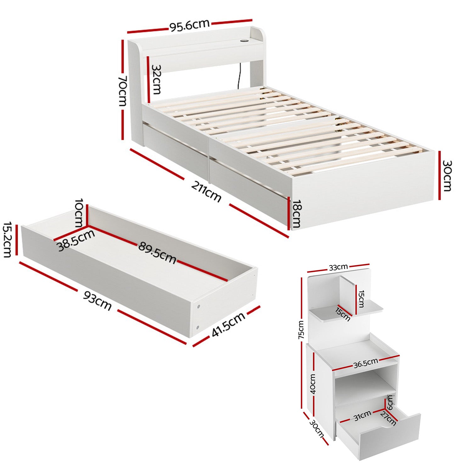 - Single Bed Frame with Storage Drawers, USB Charging Ports &amp; Tall Bedside Shelf Unit | White Baby Stork Furniture > Bedroom > Beds &amp; Bed Frames
