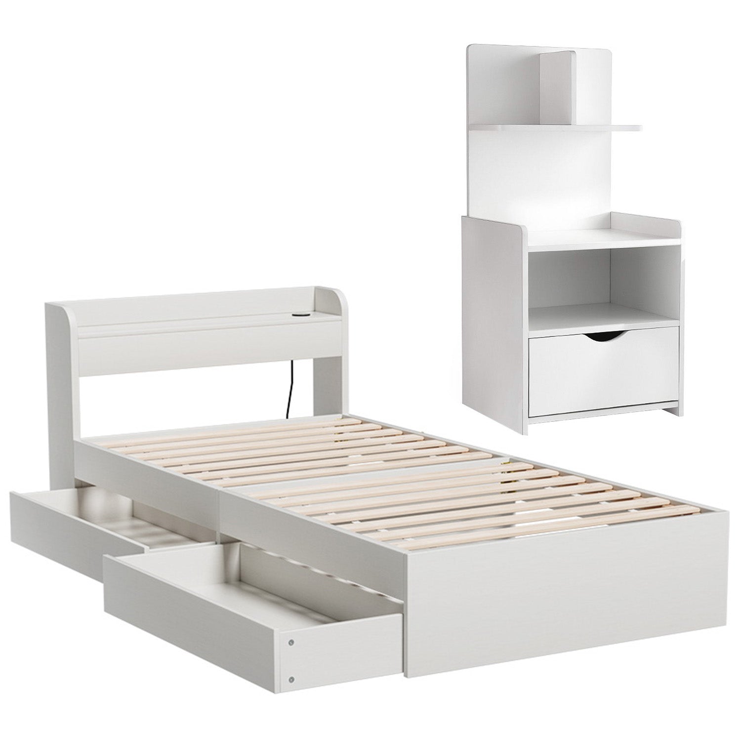 - Single Bed Frame with Storage Drawers, USB Charging Ports &amp; Tall Bedside Shelf Unit | White Baby Stork Furniture > Bedroom > Beds &amp; Bed Frames