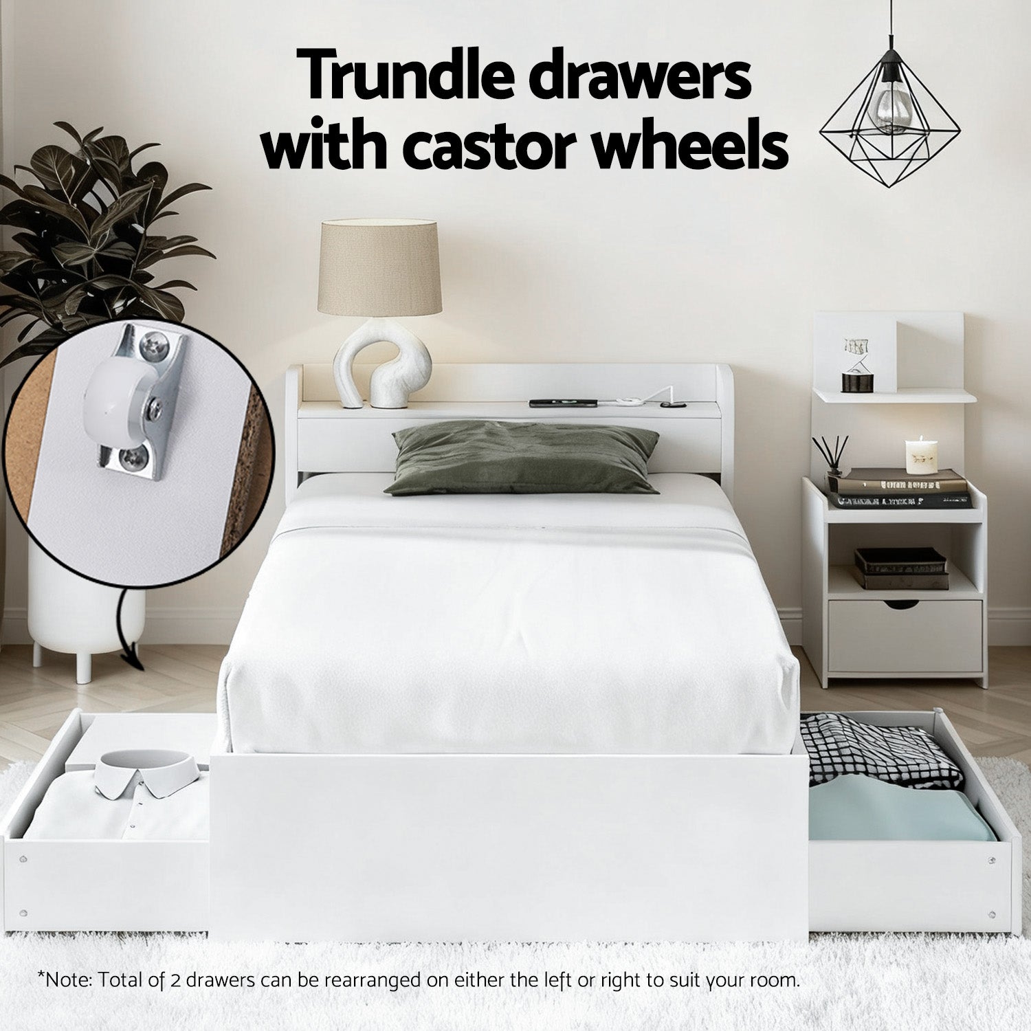 - Single Bed Frame with Storage Drawers, USB Charging Ports &amp; Tall Bedside Shelf Unit | White Baby Stork Furniture > Bedroom > Beds &amp; Bed Frames