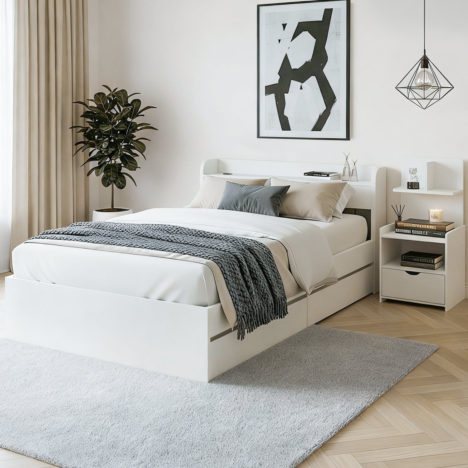 - Single Bed Frame with Storage Drawers, USB Charging Ports &amp; Tall Bedside Shelf Unit | White Baby Stork Furniture > Bedroom > Beds &amp; Bed Frames