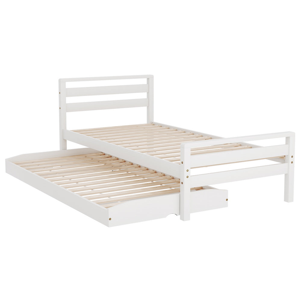- Single Bed Frame with Pull-Out Trundle – White Solid Pine Baby Stork Furniture &gt; Bedroom &gt; Beds &amp; Bed Frames