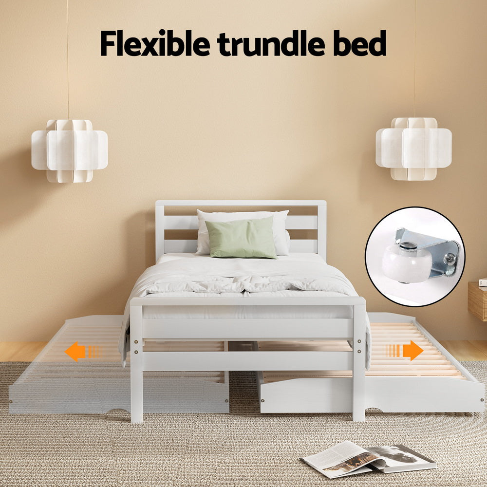 - Single Bed Frame with Pull-Out Trundle – White Solid Pine Baby Stork Furniture > Bedroom > Beds & Bed Frames
