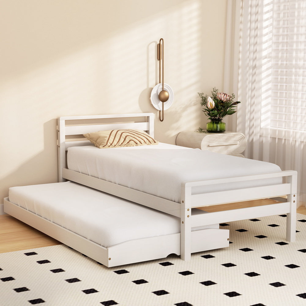 - Single Bed Frame with Pull-Out Trundle – White Solid Pine Baby Stork Furniture > Bedroom > Beds & Bed Frames