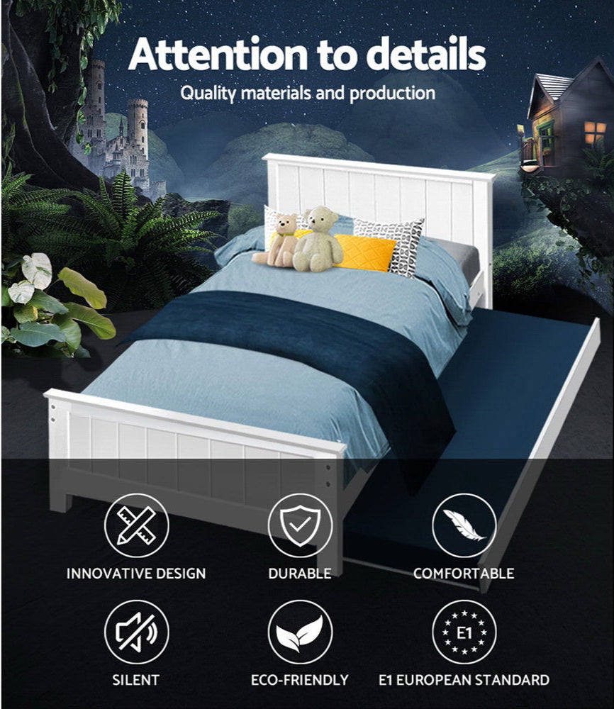 - King Single Wooden Trundle Bed – White Baby Stork Furniture > Bedroom > Beds & Bed Frames