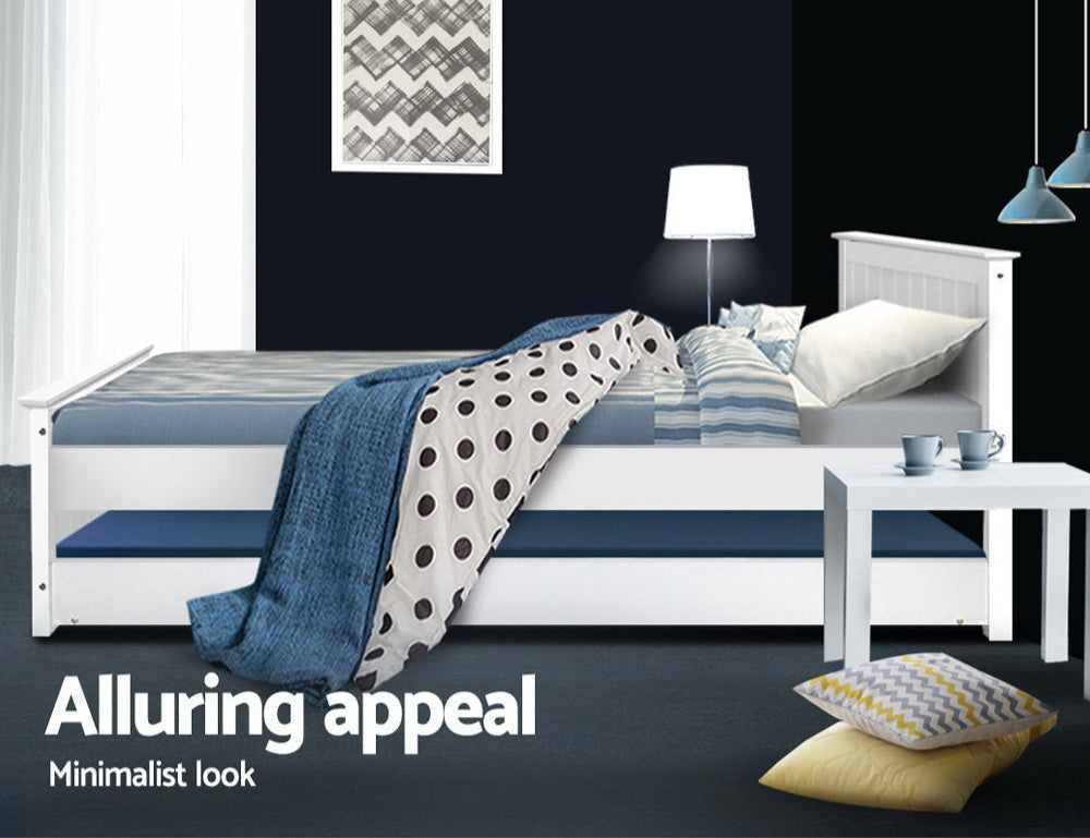 - King Single Wooden Trundle Bed – White Baby Stork Furniture > Bedroom > Beds & Bed Frames