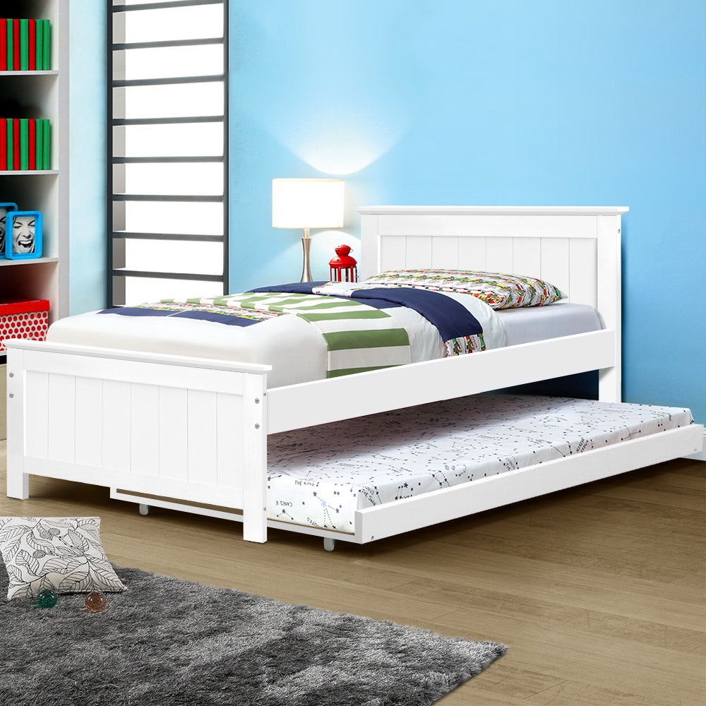 - King Single Wooden Trundle Bed – White Baby Stork Furniture > Bedroom > Beds & Bed Frames
