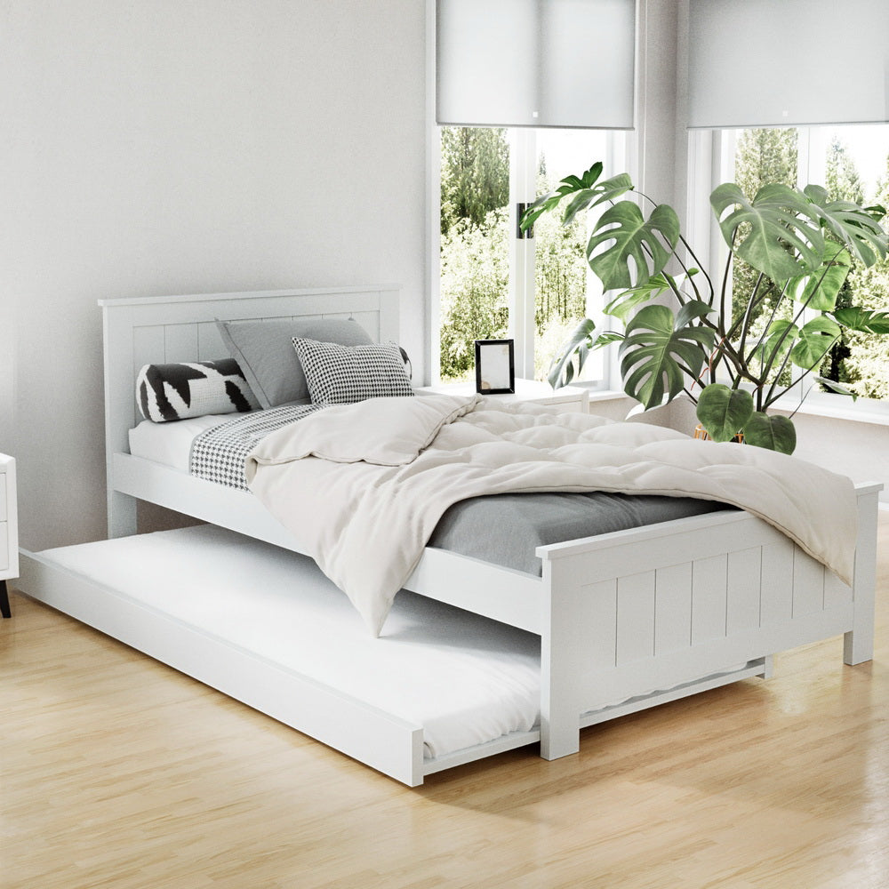 - King Single Wooden Trundle Bed – White Baby Stork Furniture > Bedroom > Beds & Bed Frames