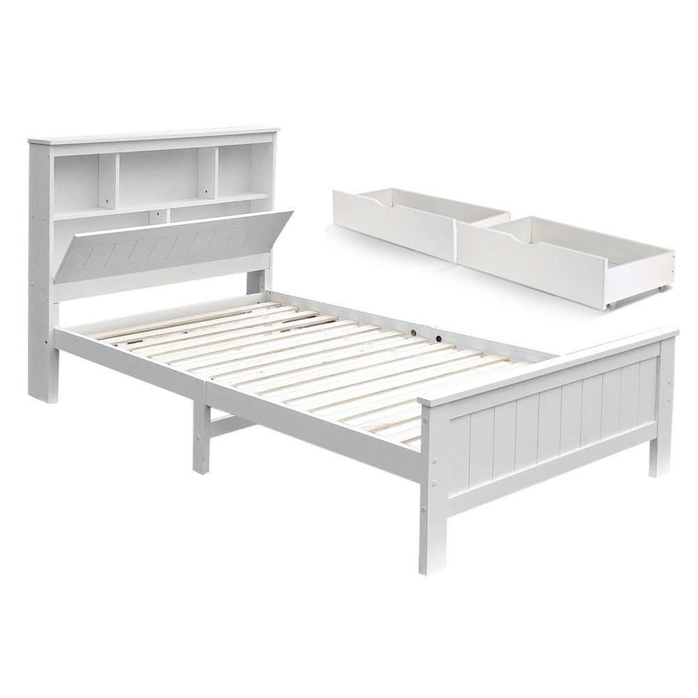 - King Single Pine Wood Bed Frame with Storage Drawers &amp; Bookshelf Headboard – White Artiss Furniture &gt; Bedroom &gt; Beds &amp; Bed Frames