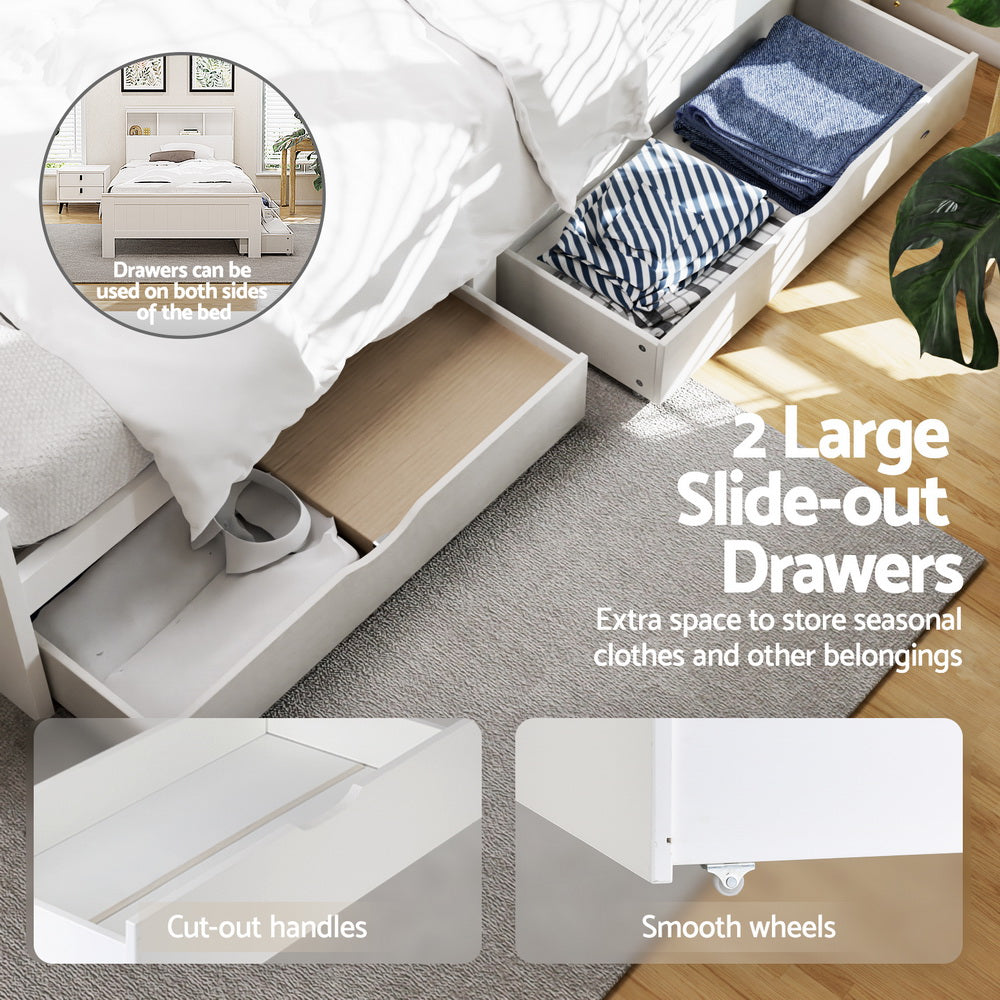 - King Single Pine Wood Bed Frame with Storage Drawers & Bookshelf Headboard – White Artiss Furniture > Bedroom > Beds & Bed Frames