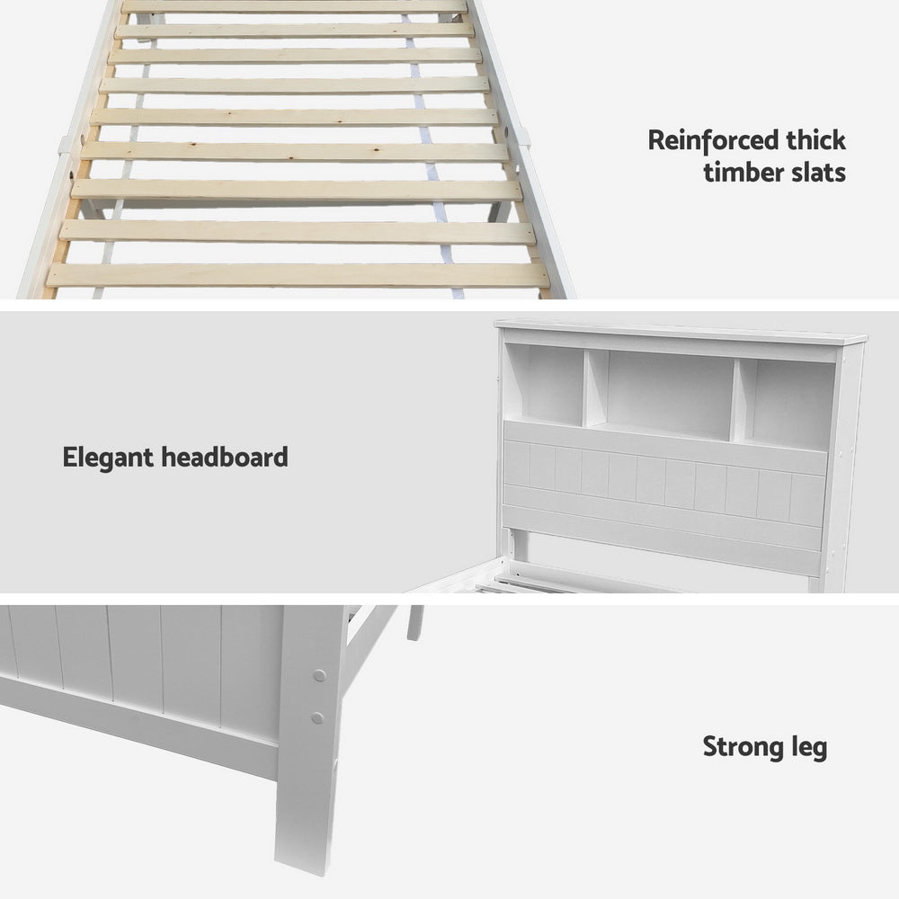 - King Single Pine Wood Bed Frame with Storage Drawers & Bookshelf Headboard – White Artiss Furniture > Bedroom > Beds & Bed Frames