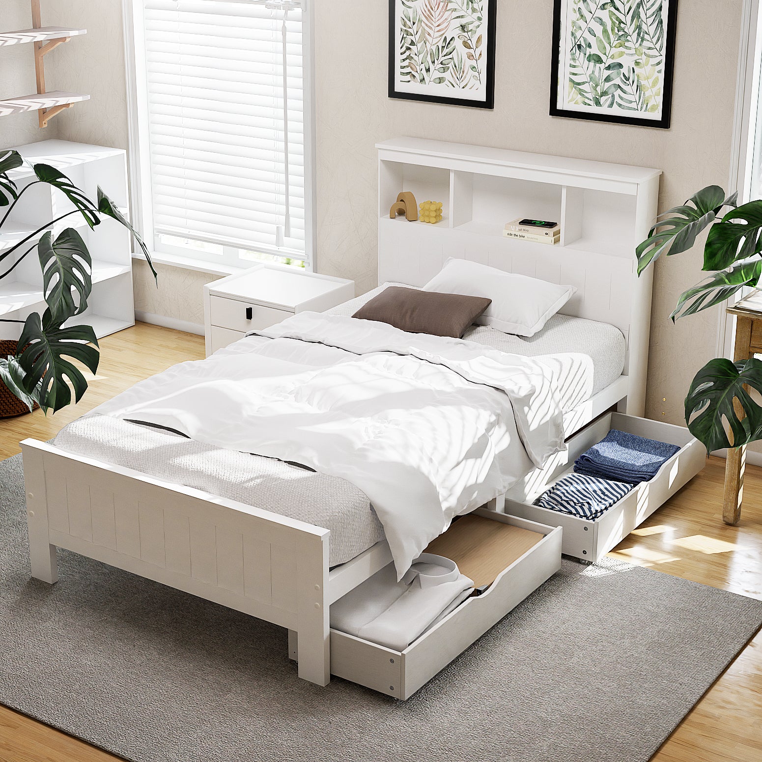 - King Single Pine Wood Bed Frame with Storage Drawers & Bookshelf Headboard – White Artiss Furniture > Bedroom > Beds & Bed Frames