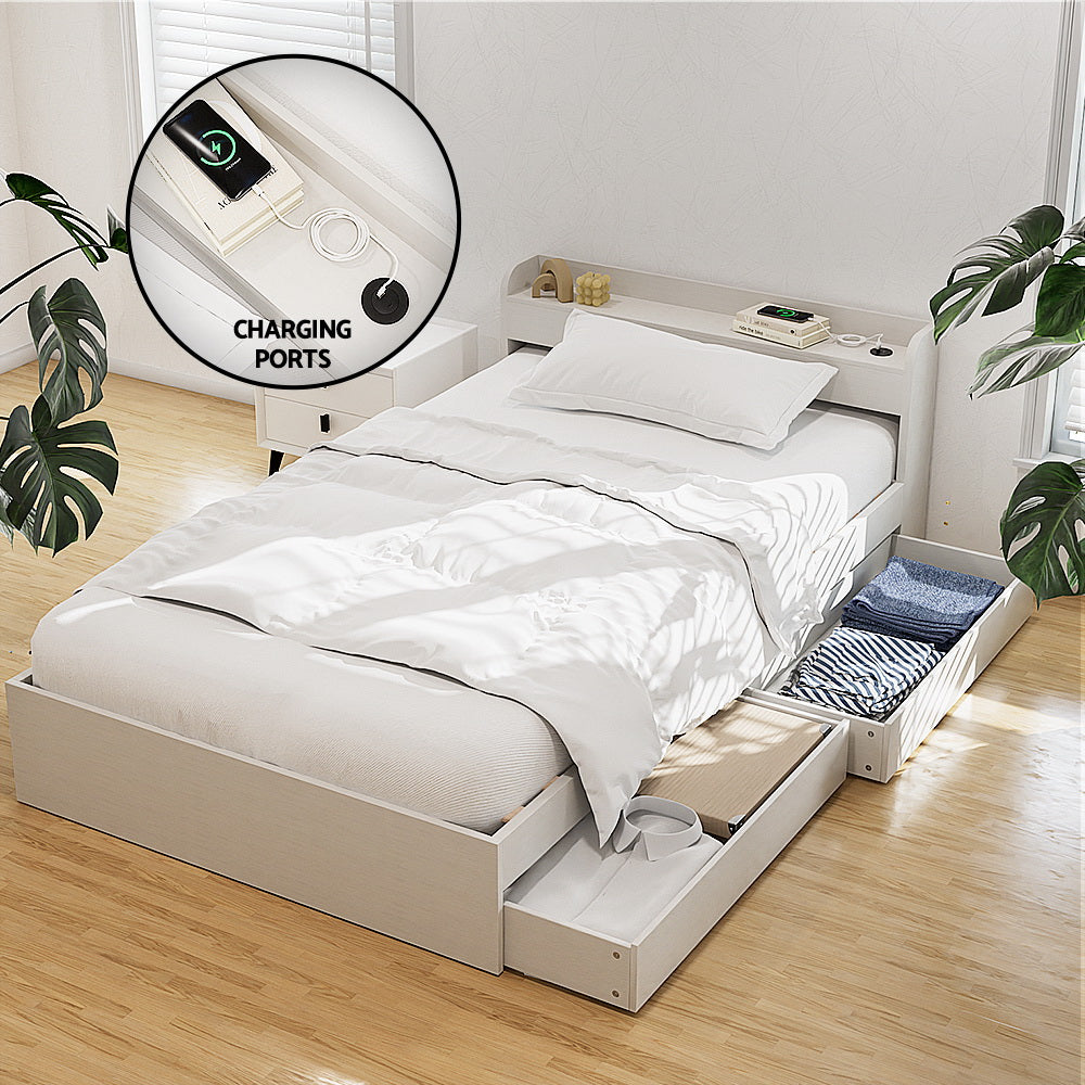 - Single Bed Frame with Storage Drawers & USB Charging Ports – White Baby Stork Furniture > Bedroom > Beds & Bed Frames