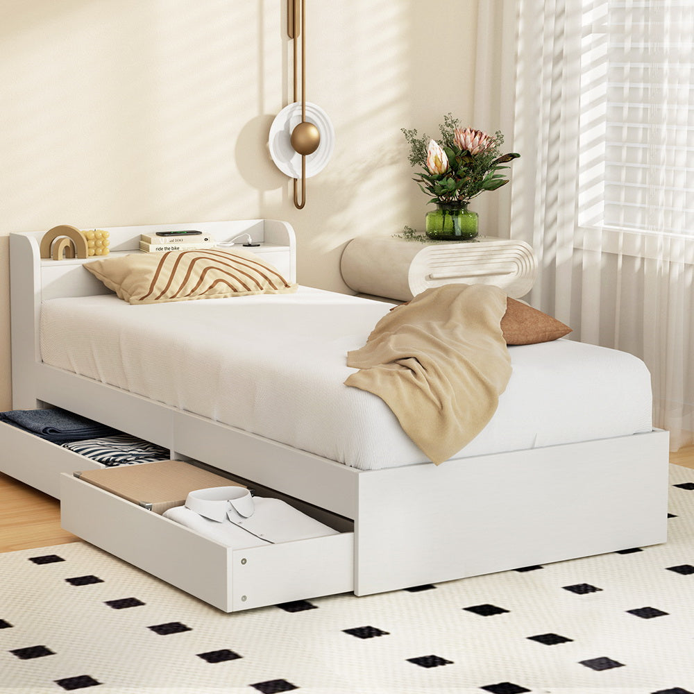- Single Bed Frame with Storage Drawers & USB Charging Ports – White Baby Stork Furniture > Bedroom > Beds & Bed Frames