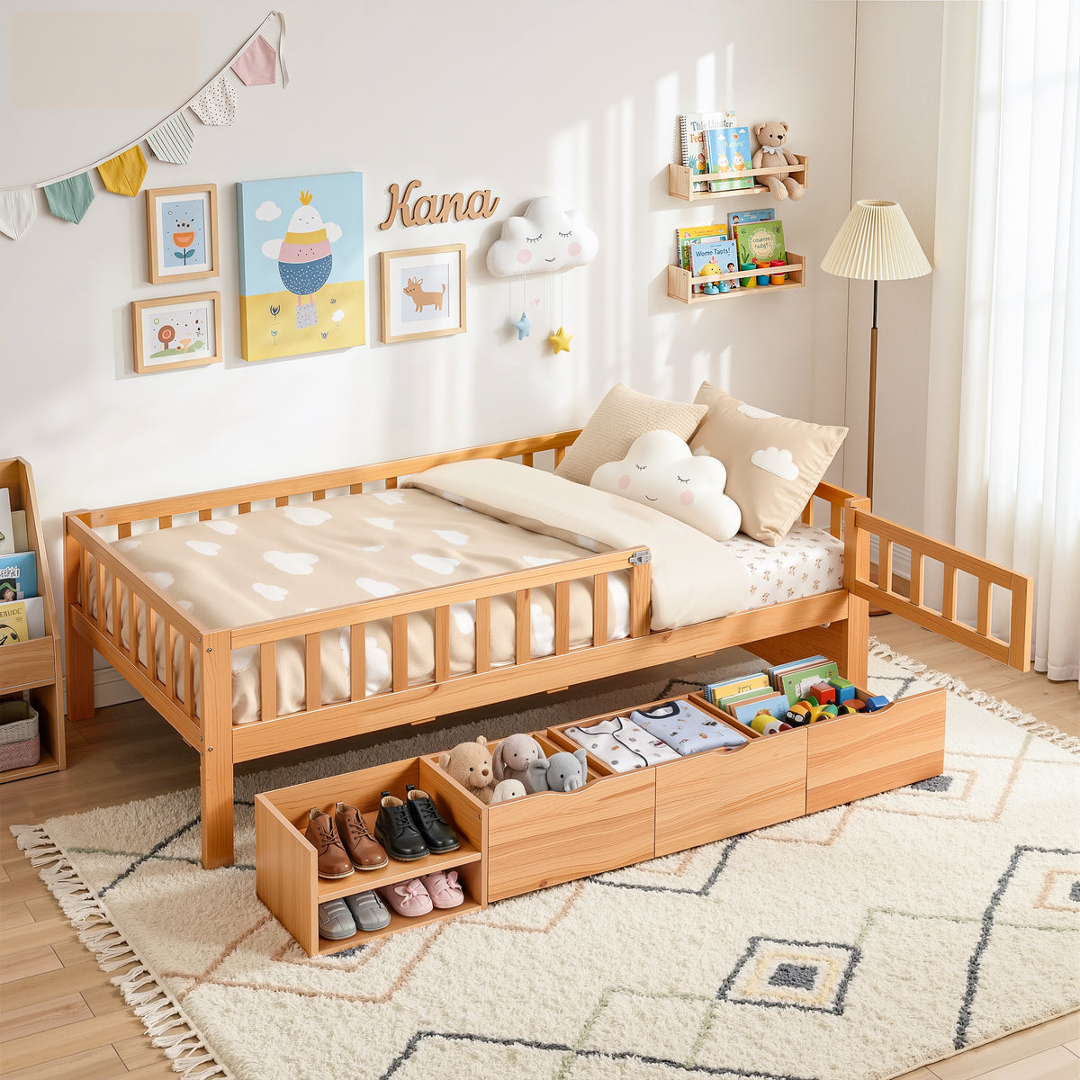 - Single Bed Frame with Storage Drawers &amp; Safety Rails - Natural Artiss Furniture > Bedroom > Beds &amp; Bed Frames