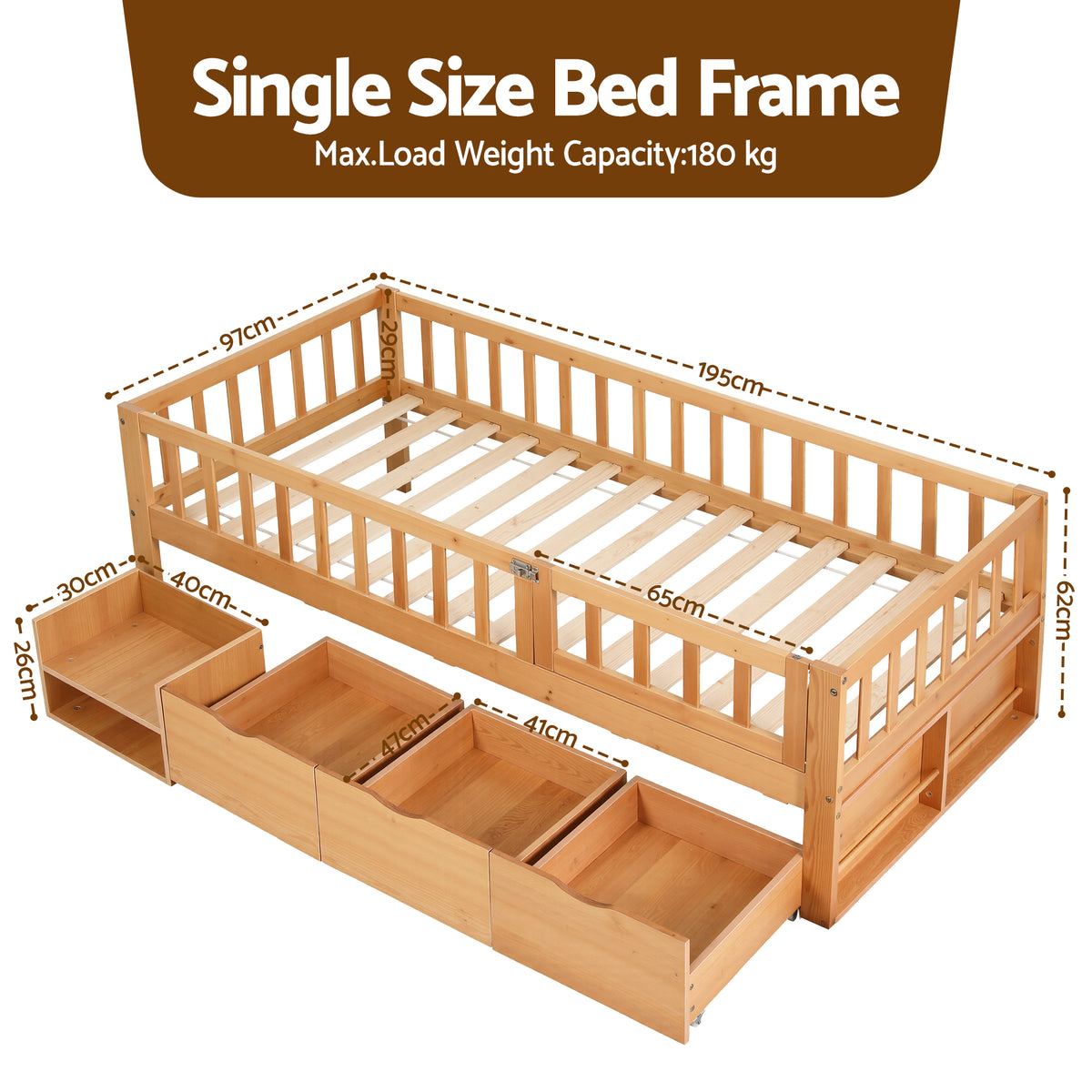 - Single Bed Frame with Storage Drawers &amp; Safety Rails - Natural Artiss Furniture > Bedroom > Beds &amp; Bed Frames