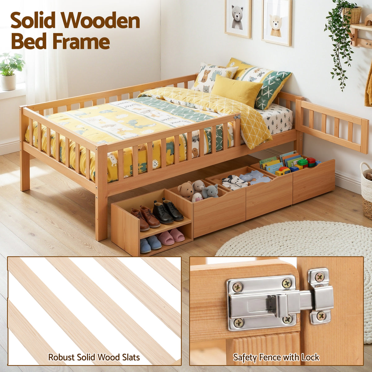 - Single Bed Frame with Storage Drawers &amp; Safety Rails - Natural Artiss Furniture > Bedroom > Beds &amp; Bed Frames