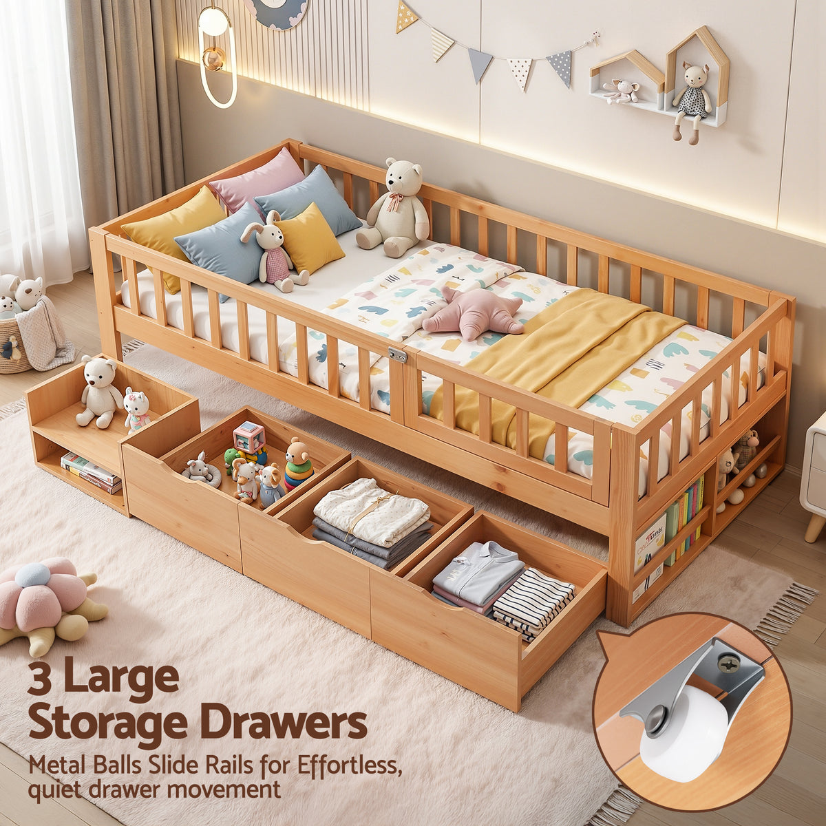 - Single Bed Frame with Storage Drawers &amp; Safety Rails - Natural Artiss Furniture > Bedroom > Beds &amp; Bed Frames